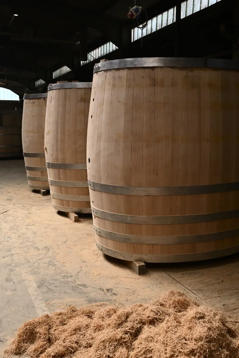 Halbfertige Großfässer die bei stimmungsvollem Licht in der Werkstatt stehen